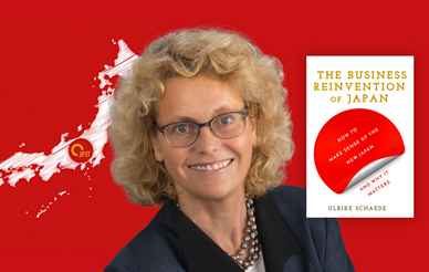 Ulrike Schaede, her book, and JFIT Japan Zoominar graphic against a red background