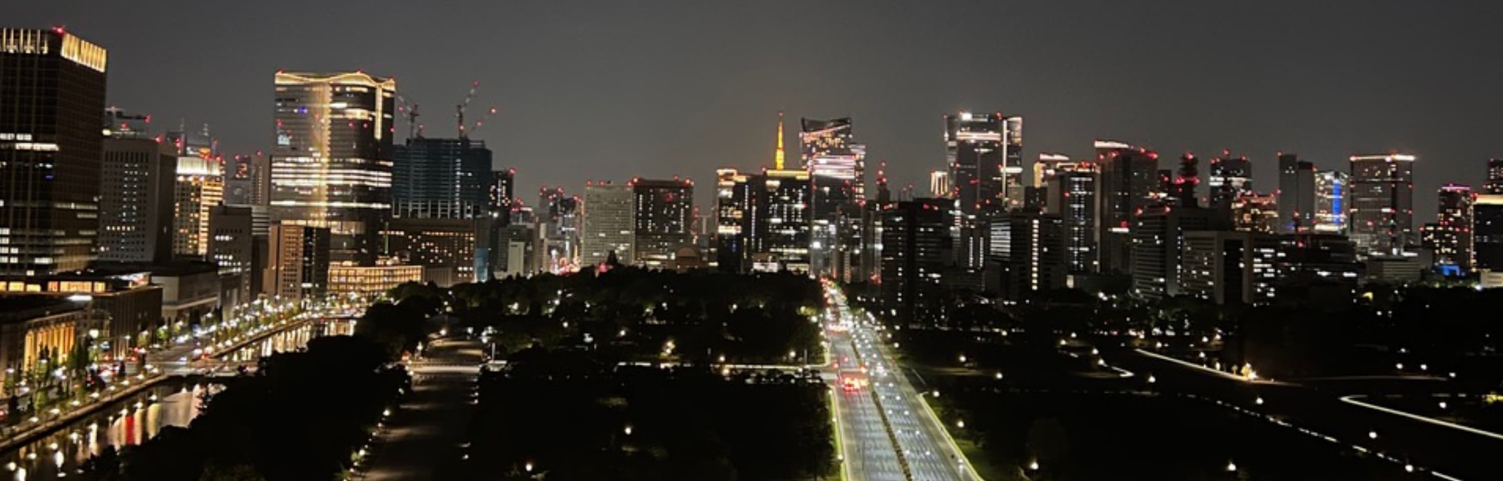 Tokyo skyline illuminated at night, viewed across the Imperial Palace grounds.